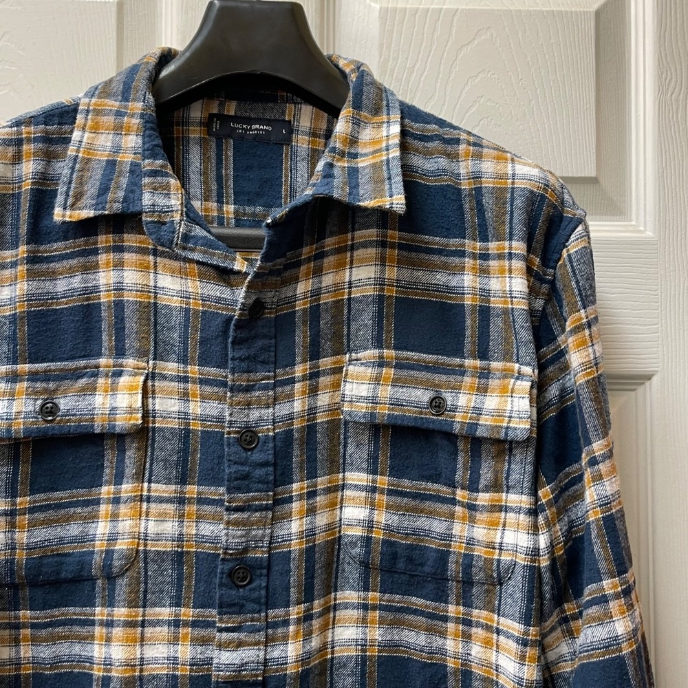 Lucky Brand Shirt Men's Large Blue/Yellow Plaid Flannel Button Up Long Sleeve